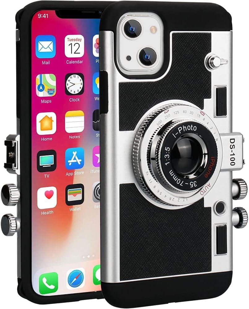 Nova Treasure Phone Case for iPhone 14 Black Camera Case Vintage Cover 3D Cool Unique Design Plastic Case with Removable Neck Strap for Girls Women with Free Tempered Glass for Screen Protector