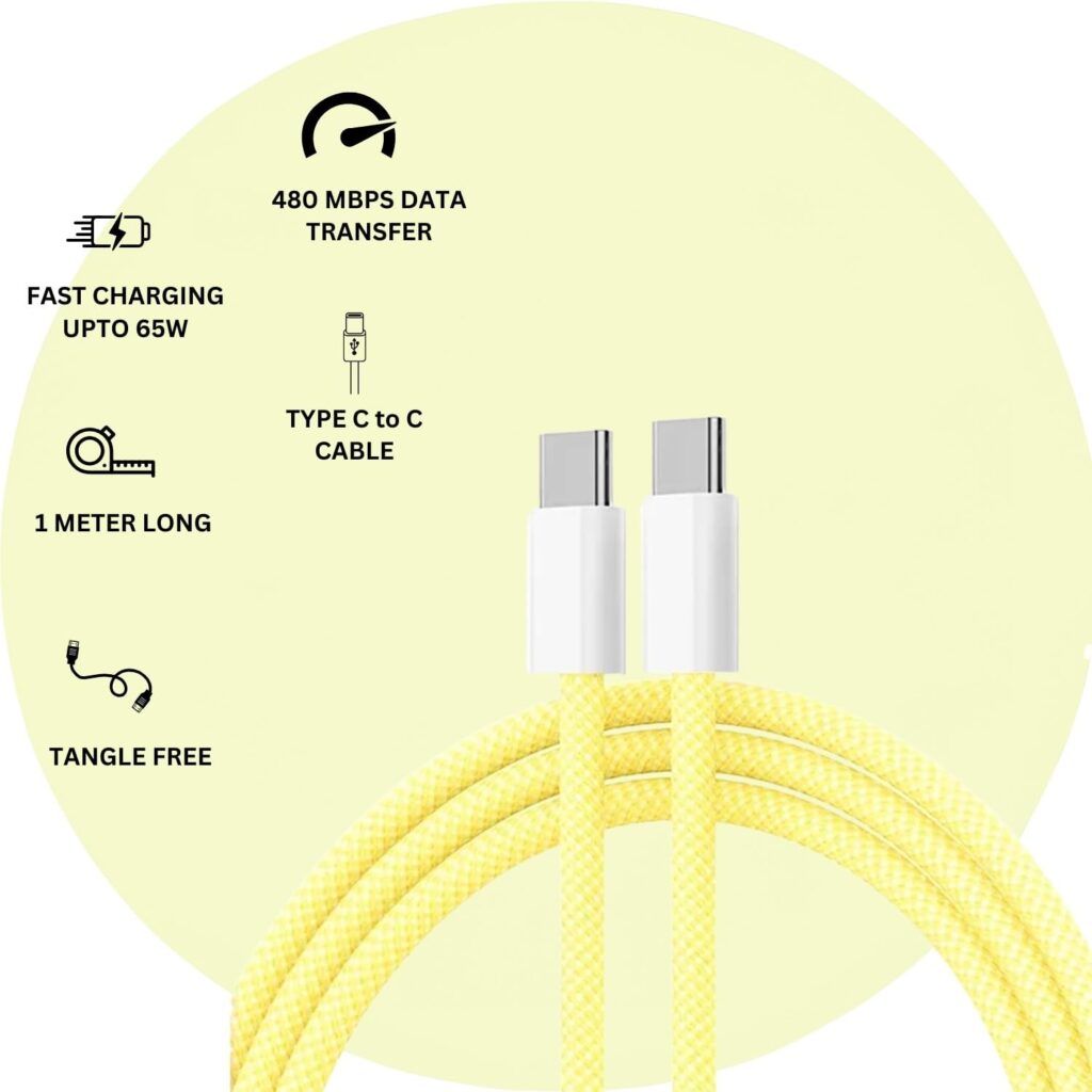 Original USB-C to C Type Braided 1M Fast Charging Cable Compatible for iPhone 16/16 Pro/Max/15/15 Pro/Max/Samsung Galaxy S24/S23/S22/S21/iPad & More Yellow