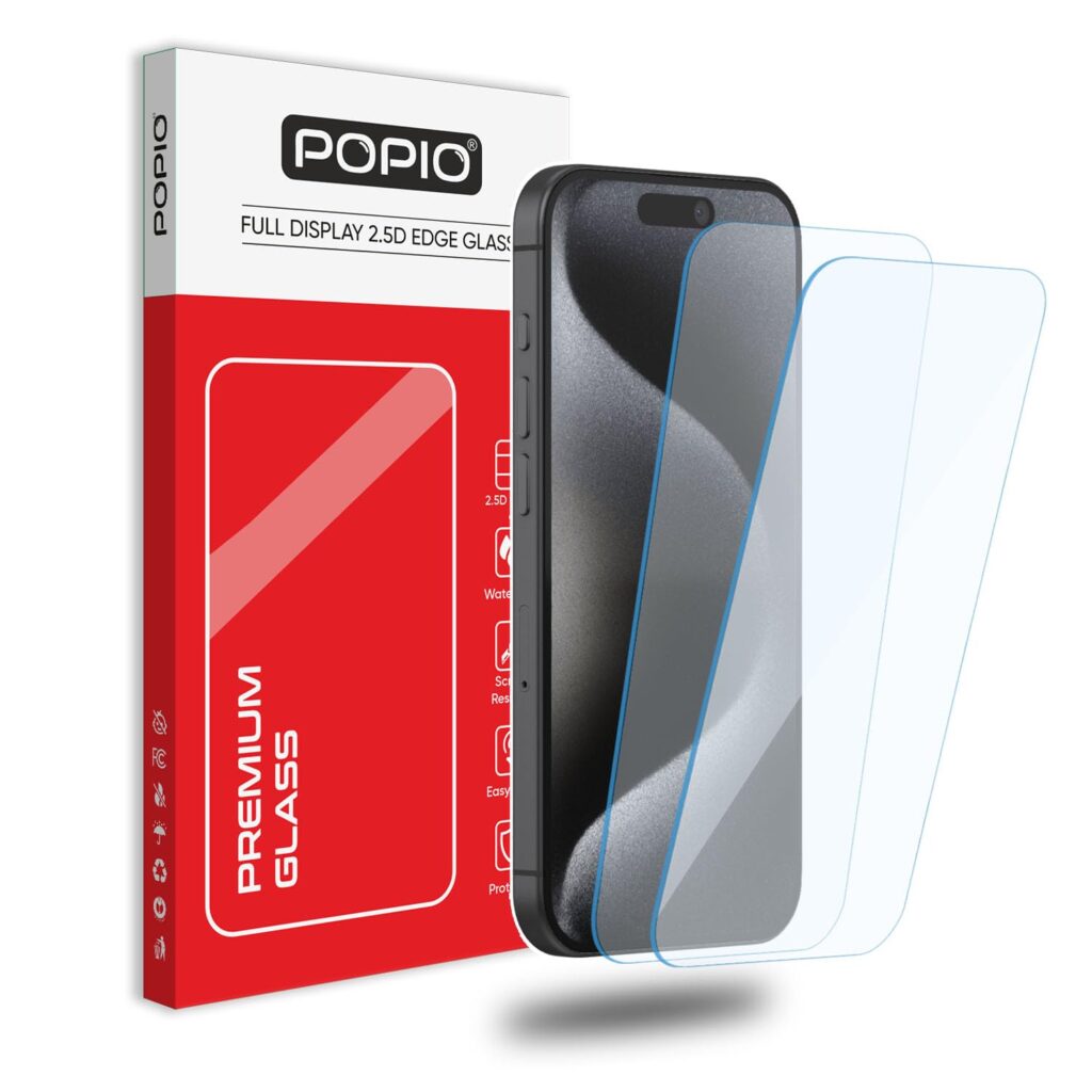 POPIO Borderless Military-Grade Gorilla Tempered Glass for iPhone 15 Pro (Transparent) Case Friendly Full Screen Coverage with Installation Kit, Pack of 2