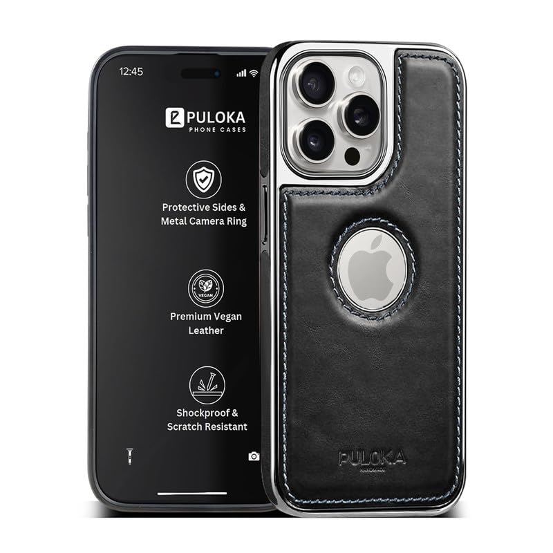PULOKA Chrome Leather Back Case - Compatible with iPhone 15 Pro Max - Luxury Bumper Case - Flexible Vegan Leather - Electroplated Sides & Logocut - Camera Protetection & Raised Edges - Classic Black