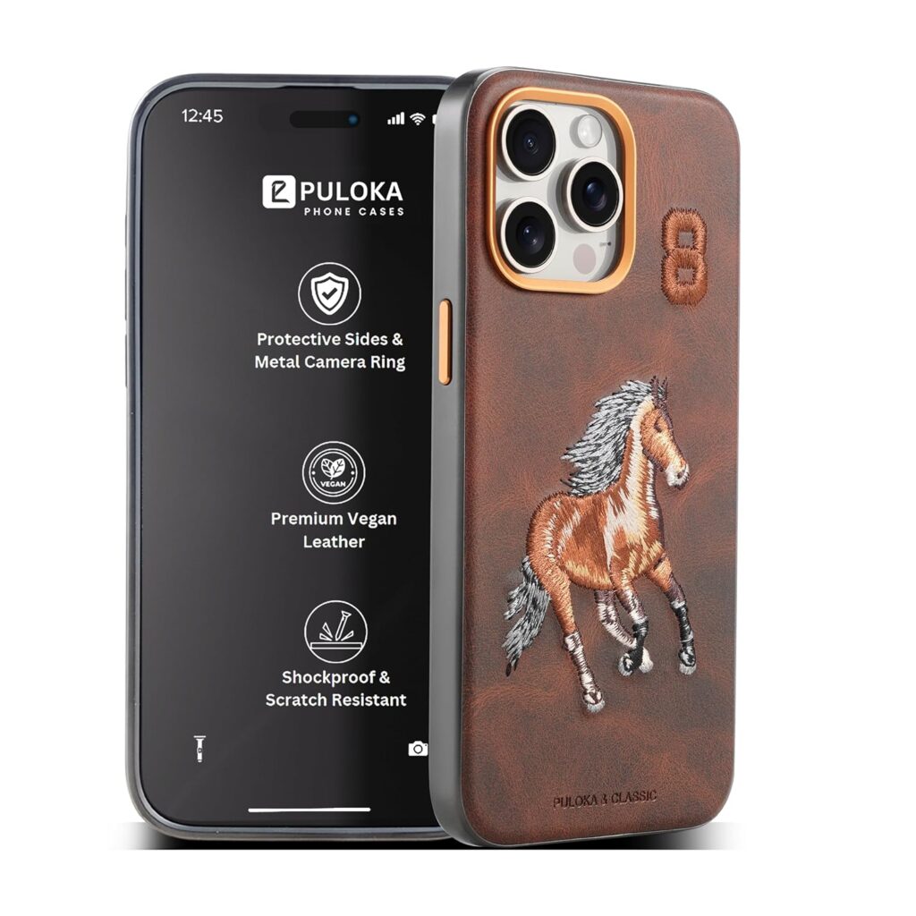PULOKA - Mobile Cover for iPhone 15 PRO MAX - Horse Embroidery - Sleek & Stylish - Protective & Anti Scratch Phone Cover Vegan Leather Back Case - Men & Women- Santa Barbara Polo (Brown)