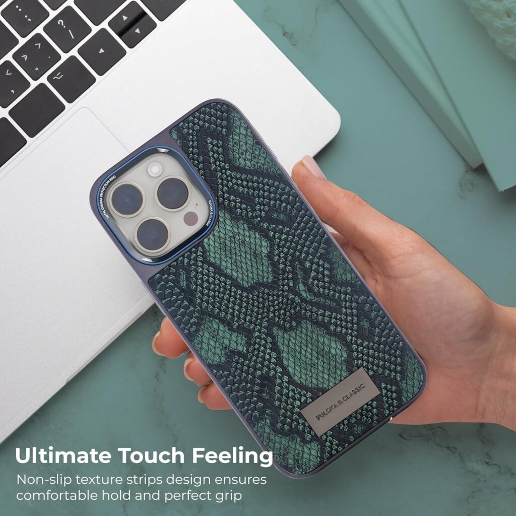 PULOKA Thermoplastic Polyurethane Crocodile Texture Phone Case-Compatible with iPhone 15 Pro Max-Ultra Hybrid Back Cover Luxury Case-Electroplated Sides-Camera Protetection & Raised Edges-Green