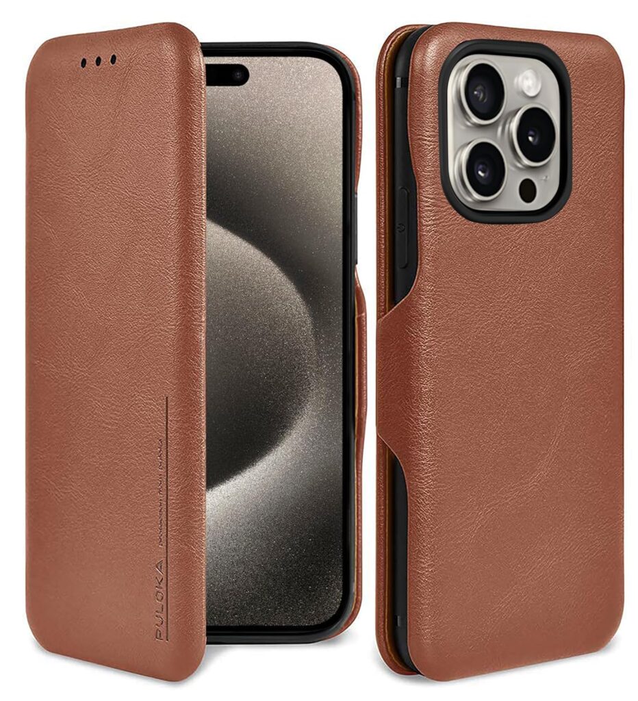 PULOKA for IPHONE 15 PRO MAX - Sleek Flip Case - Premium Vegan Leather Phone Cover with Card Slot - Slim, Durable, Privacy Protection - Kickstand Function - Elegant Flip Wallet Cases for Apple - BROWN