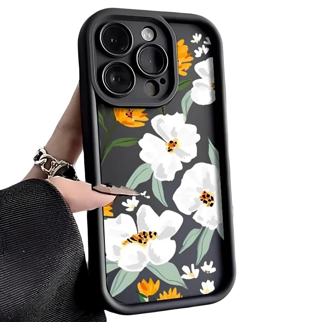 Peeperly Back Cover Case for iPhone 15 Pro Scratch Resistant Anti-Slip TPU Shockproof Protective Durable Spring Time Floral Charm Case for Girls & Women(Black)
