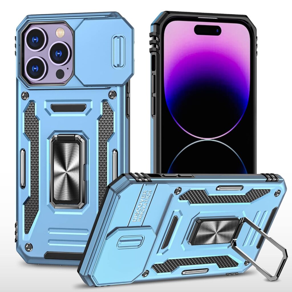 Polycarbonate Slide Camera Cover with Ring Holder Mobile Phone Back Cover for iPhone 14 Pro Max (Blue)