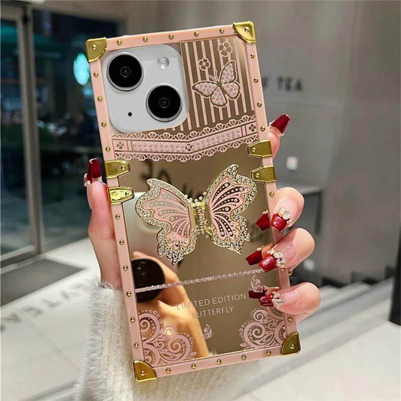 Premium Shockproof Designer Case for iPhone 14 Plus | Bling Butterfly Mirror Finish | Metallic Corners & Elegant Studded Frame | Stylish Protective Cover - Rose Gold