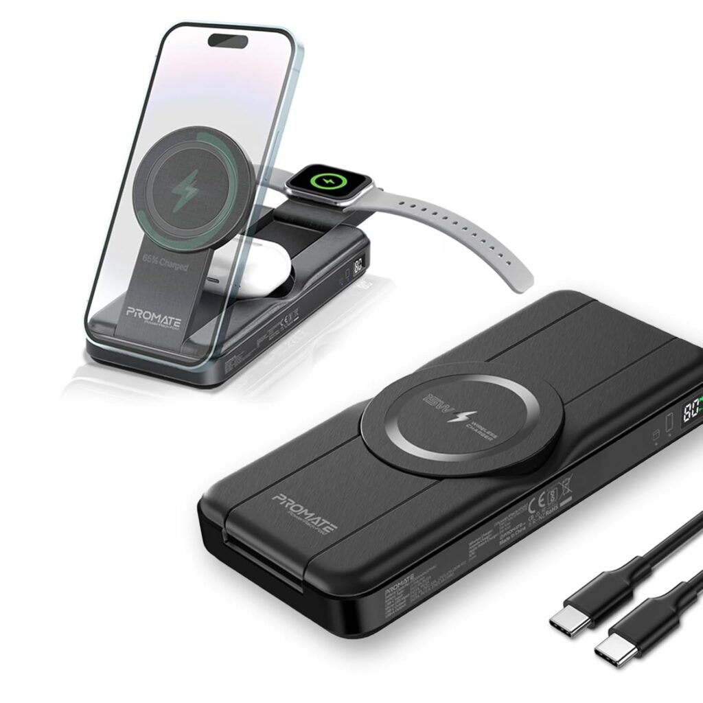 Promate Powerpack-Fold 5 in 1 Magsafe Power Bank,10000mah 15W Foldable Wireless Powerbank-iPhone 15/15+/15 Pro/15 Pro Max,14/14+/14 Pro/Max,Apple Watch,Air Pods,18W USB QC 3.0 Port,20W USB-C,Blue