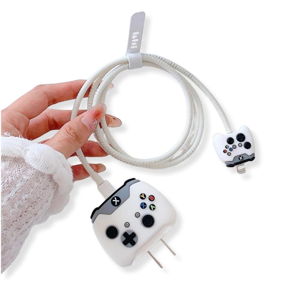 Protective Charging Case for iPhone 11/12/13/14/15/16/Pro Max,for 18W/20W Charger and Charging Cable,Have Durable Cable Sleeve -White Gamepad