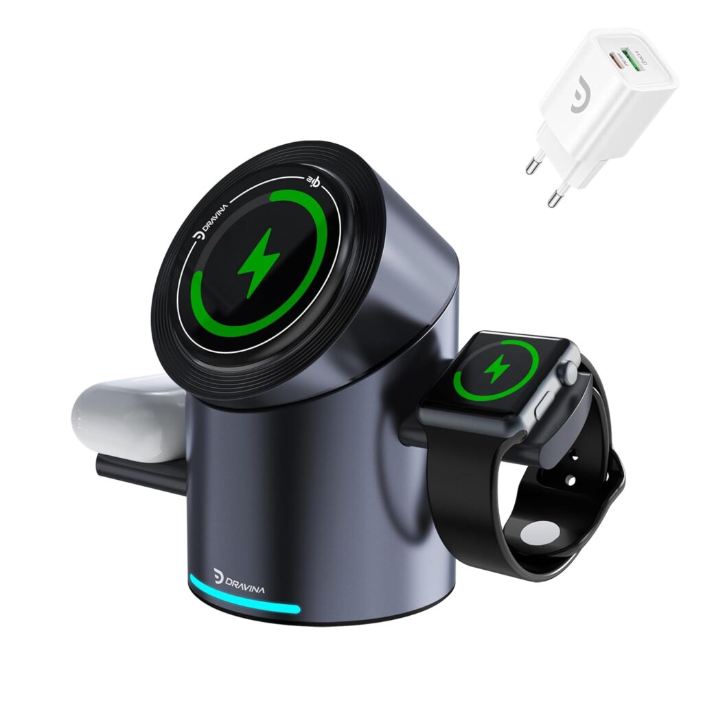 Qi2 Magnetic Wireless 3-in-1Charging Station Mag-Safe Charger with Auto Rotating Stand for iPhone, Apple Watch, AirPods|15W Fast Charging with 180° Touch Rotation(30W PD Fast Charger Included)