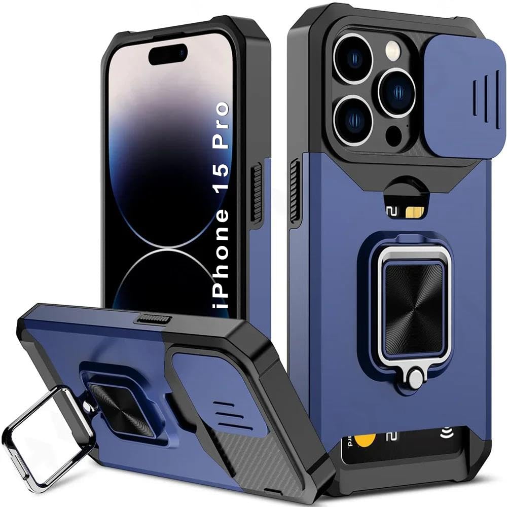 Shockproof Armor Case for iPhone 15 Pro | Slide Camera Cover | Hidden Card Slot | Rotating Ring Kickstand | Magnetic Car Mount Support | Military Grade Protection – Blue