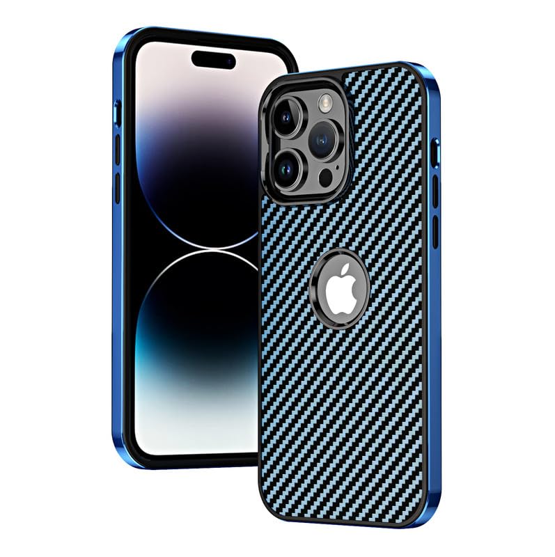 Shockproof Carbon Fiber Texture Case for iPhone 14 Pro Max – Slim | Durable | Anti-Slip Grip | Logo Cutout | Camera Protection | Scratch-Resistant Protective Cover – Blue