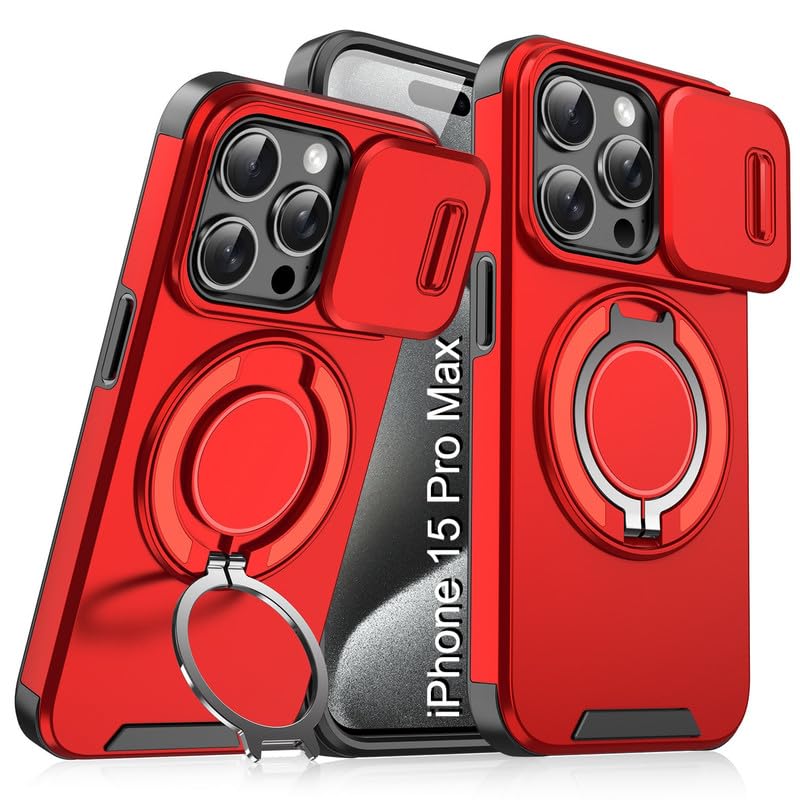 Shockproof Magnetic Case for iPhone 15 Pro Max | Slide Camera Cover | 360° Rotating Ring Kickstand | Mag-Safe Compatible | Rugged Armor Protection - Cherry Red