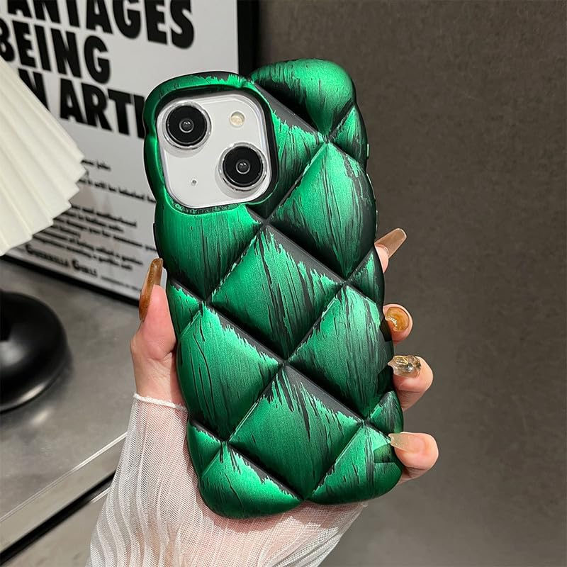 Shockproof Soft Silicone Puffer Case for iPhone 15 Plus | Designer Quilted Cushion Cover with 3D Padded Texture | Lightweight & Stylish - Green