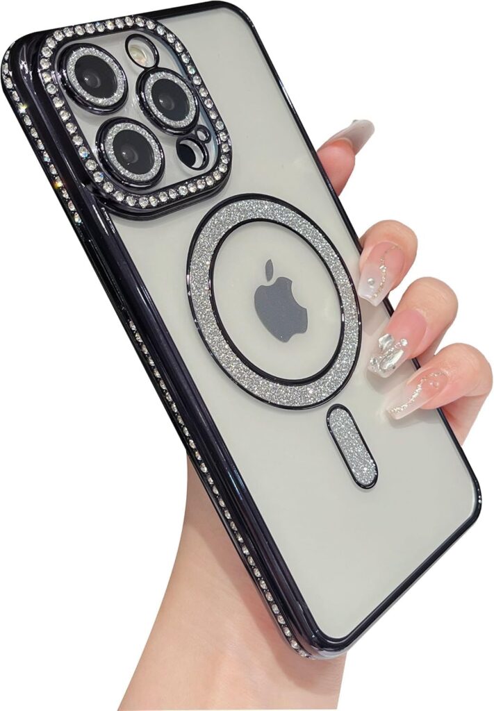Soomio Clear Magnetic Diamond Glitter Case for iPhone 14 Pro Max Case with Full Camera Protection Rhinestone Luxury Plating Bling Transparent Shockproof for Magsaf Women Girls Cute Cover (Black)