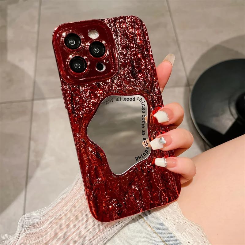 Stylish Textured Mirror Case for iPhone 15 Pro | Shockproof Anti-Scratch Premium Protective Back Cover | Unique Wavy Mirror Design - Red