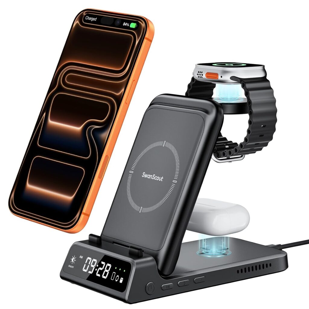 SwanScout 3 in 1 Wireless Charger for iPhone 16, Foldable Charging Station for iPhone 15/14/13/12/11/SE/XR/X, Charging Stand for Apple Watch Ultra/10/9/8/7/6/5/4, Model 703A (No Adapter)