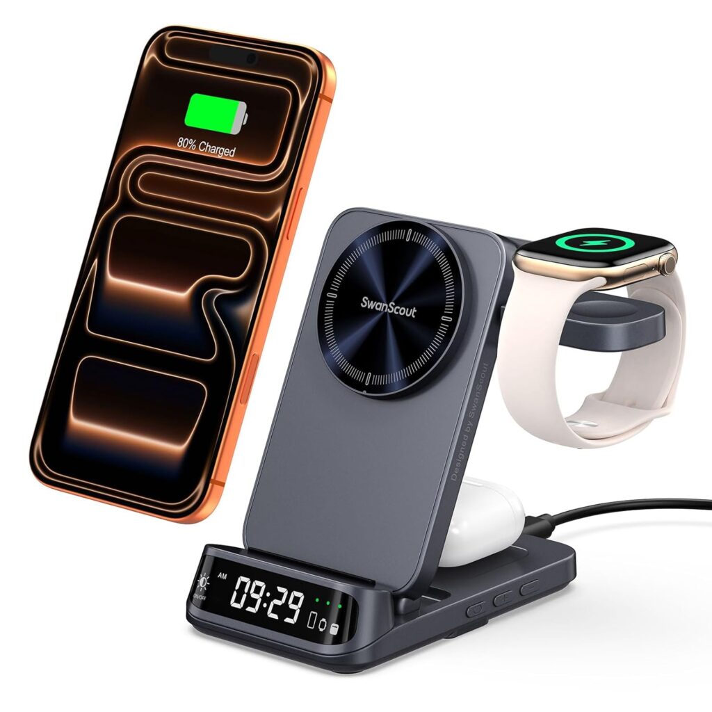 SwanScout 708M Wireless Charging Station for iPhone Air/17, Foldable 3-in-1 Magnetic Charger for iPhone 16/15/14/13/12,Apple Watch Ultra 3/2, Series/11/10/9/8/7,Airpods Pro/4/3 (No Adapter)