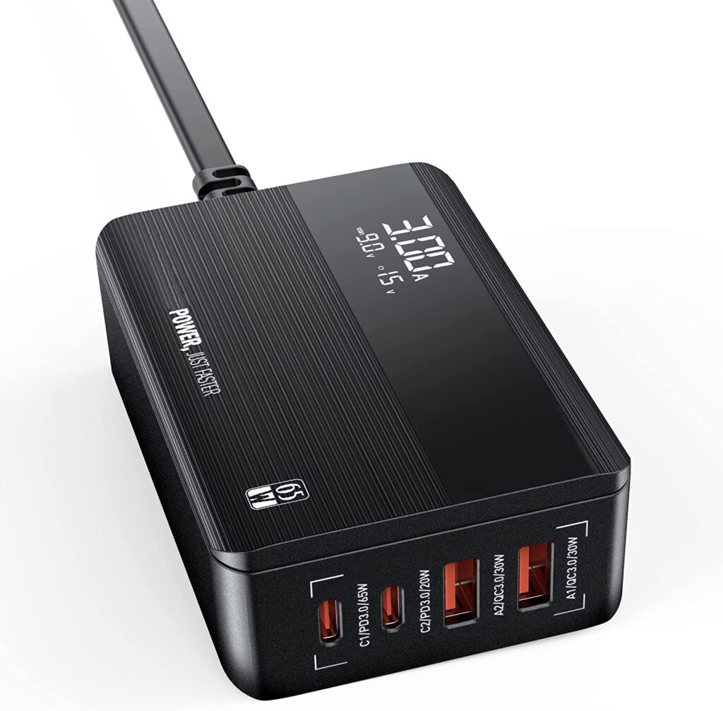 T Teclusive 65W Super Fast Charging 4 Ports Type C USB Charger Compatible for iPhone 15 14 13 12 Pro Max/iPad Air Pro/MacBook Air Pro and S21 S22 Ultra | Multi Port C Type Adapter with Display