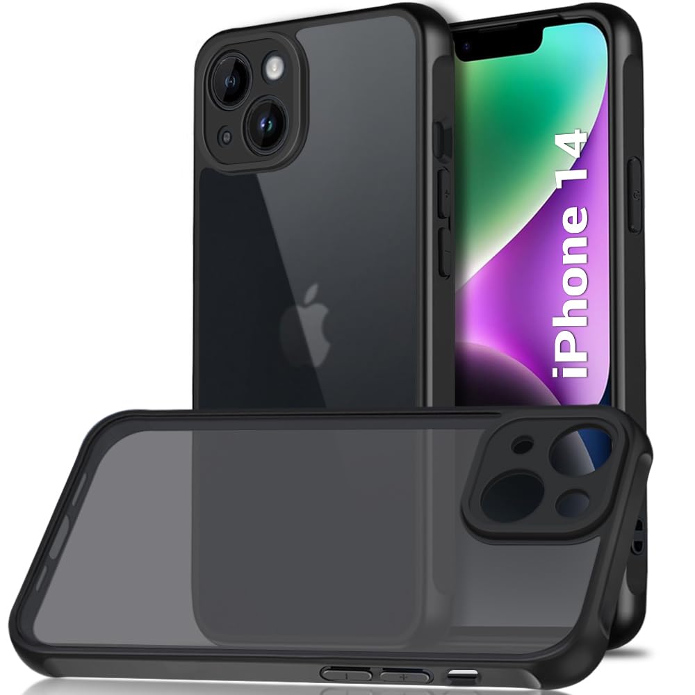 TheGiftKart Hybrid Matte Frosted Translucent iPhone 14 Back Cover Case | Shockproof Design | Camera Protection Module | Hard Back Cover Case for iPhone 14 (PC & TPU, Frost Black)