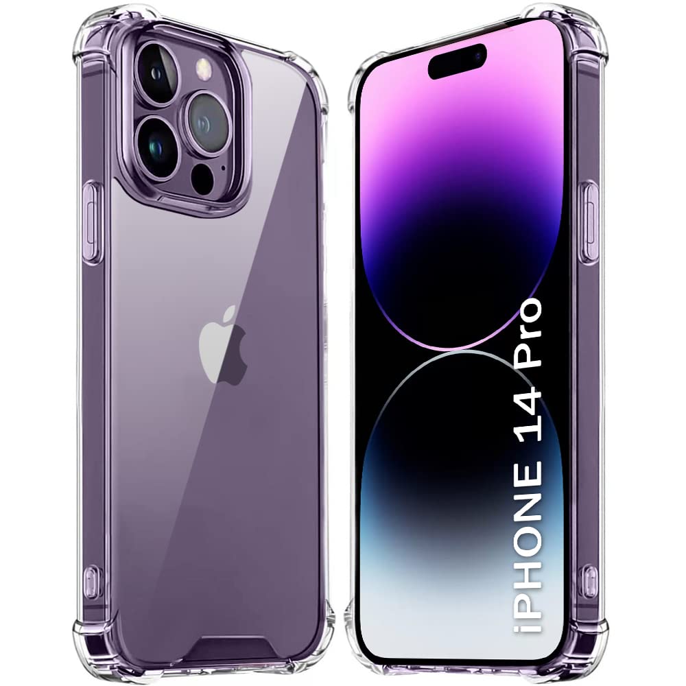 TheGiftKart TPU+PC Ultra-Hybrid Crystal Clear Back Cover Case For Iphone 14 Pro, Camera & Screen Protection Bumps, Shockproof Design, Hard Back Cover Case For Iphone 14 Pro (Transparent Bumper)