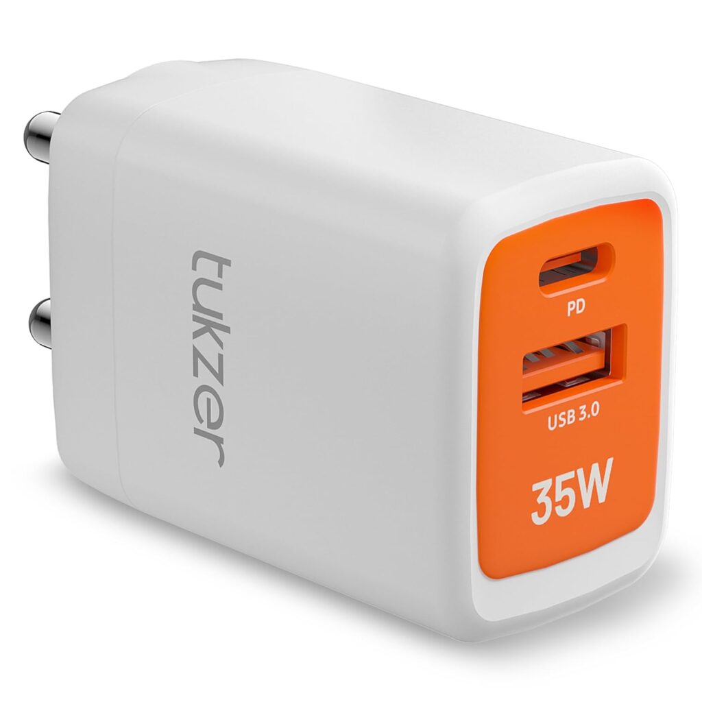 Tukzer 35W Dual Port GaN3 Ultra 3X Faster Charger(Type C PD3.0 & USB QC3.0) Adapter for iPhone 16/16 Plus/16 Pro/16 Pro Max, iPhone 15/15 Plus/15 Pro/Max, 14/13/12 Series, Samsung, MacBook,Laptops-WHI