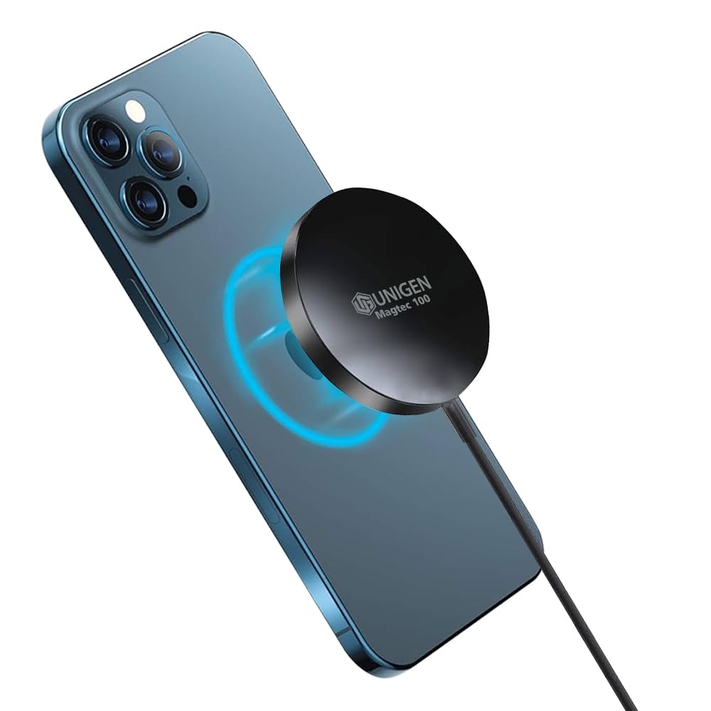 UNIGEN® Audio MAGTEC 100 Magnetic Fast 15W Wireless Charger Compatible with MagSafe Charging iPhone 17/16/15/15 Pro/15 Plus/15 Pro Max/14/14 Pro/14 Plus/14 Pro Max/13/13 Pro/13 Pro Max/12-Black