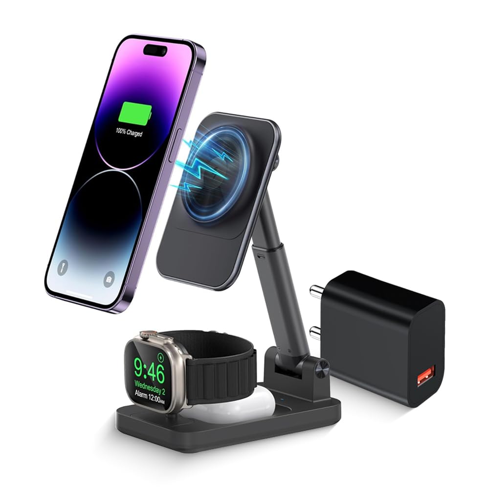 UNIGEN® Magtec 310 | 23W Mag-Safe Wireless Charger [with QC 18W Adapter] | for iPhone 17 16, 15, 14, 13 & 12 Series | iWatch 2 3 4 5 6 SE 7 8 9 | Air-pods 2,3,Pro & Other Qi Devices (Black AD)