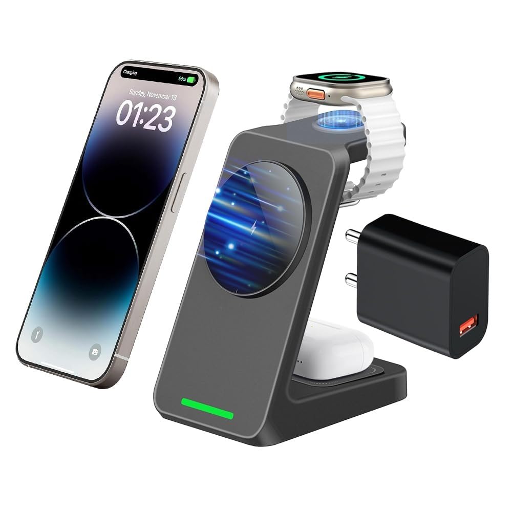 UNIGEN® Magtec 330 Wireless Charging [with Adapter] 3 in 1 Magsafe Charger for Apple iPhone 17/16/16 Plus/16 Pro/16 Pro Max,15/15 Pro/15 Pro Max,14/13/12, AirPods 3rd/2nd, Series 9/8/7/6/5/4/SE-Black