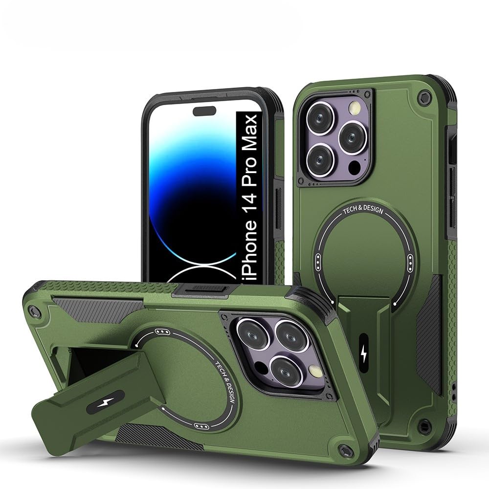 US LITE Back Cover for iPhone 14 Pro Max with Portable Kickstand | Mag-Safe Compatible Magnetic Case | Shockproof Military Grade Protection | Rugged Armor Design Phone Cover – Green