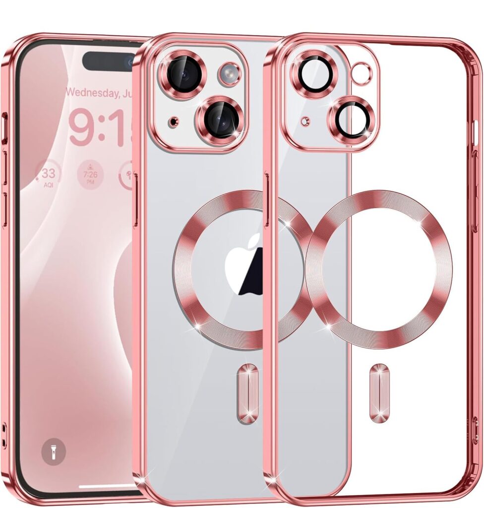 VONZEE Clear Logo Electroplating Transparent Case for iPhone 14 Plus Case 6.7 inch 2022, Luxury Electroplated TPU Cover, Individual Camera Protection for Each Lens Bumper Case (Rose Pink)