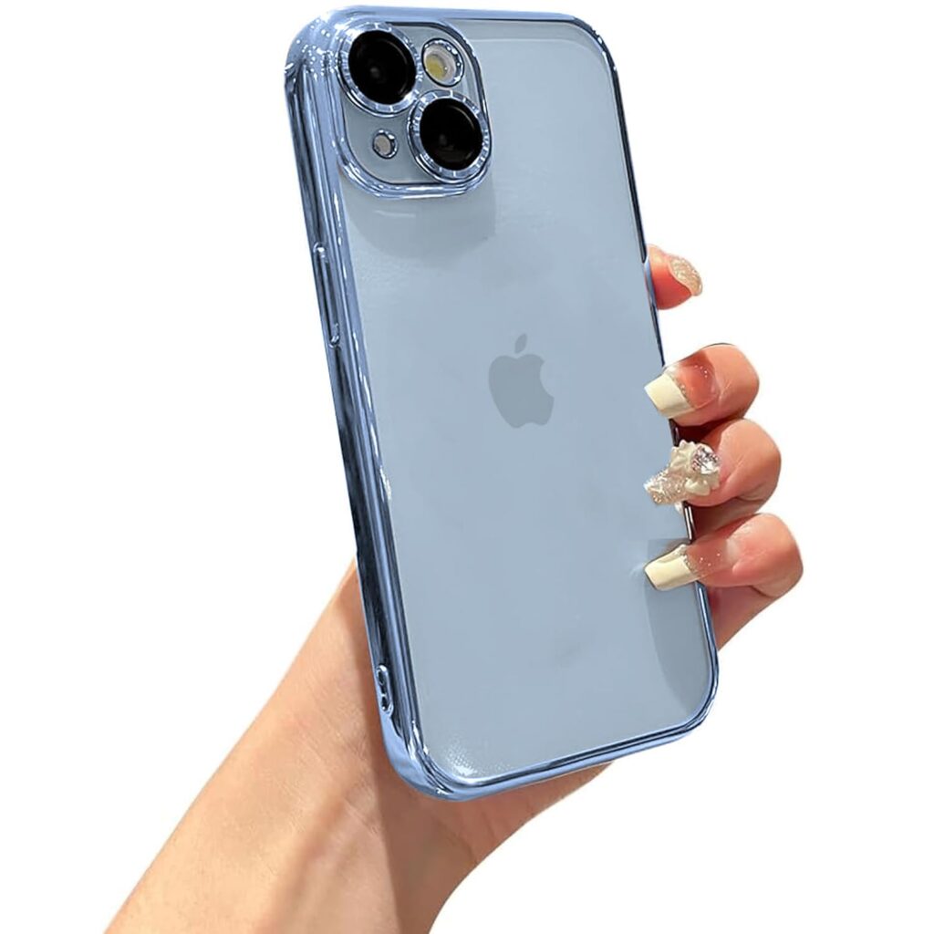 VONZEE TPU Compatible with iPhone 14 Plus Case 6.7 Inch, Luxury Electroplated Soft Edge Bumper Case, Full Camera Protection & Reinforced Corners Shockproof Case Cover|Transparent|Sierra Blue