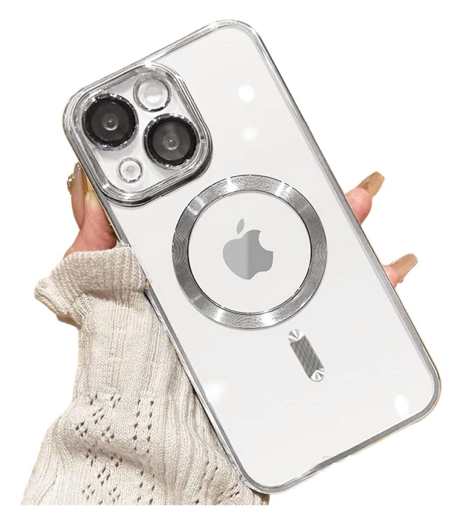 VONZEE® Clear Logo Electroplating Transparent Case for iPhone 14 Plus Case 6.7 inch 2022, Luxury Electroplated TPU Cover, Individual Camera Protection for Each Lens Bumper Case (Silver)