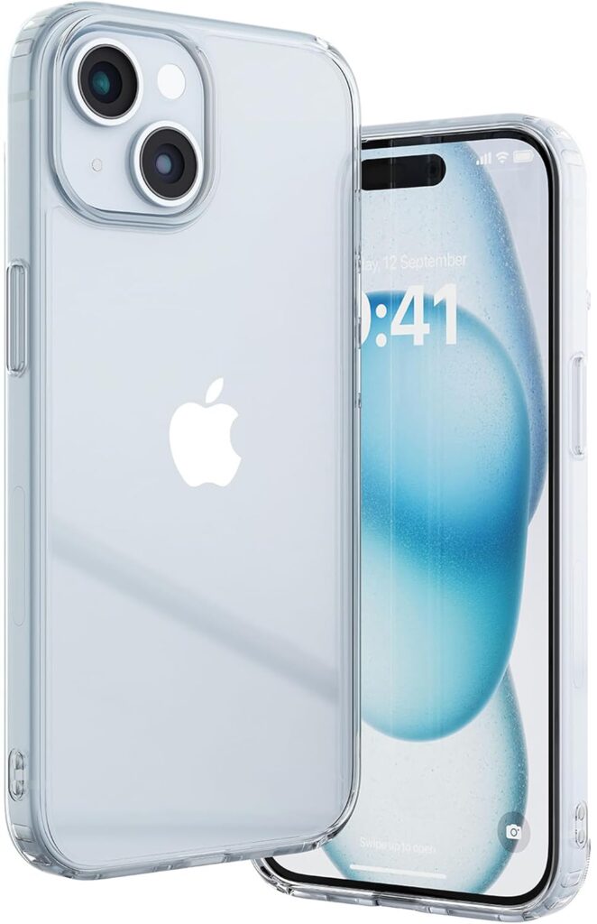 Vaku Luxos® Glassy Clear Back Cover Case for iPhone 15 Plus Shockproof Slim Thin Non-Yellowing Scratch Resistant Military-Grade Protection - Transparent