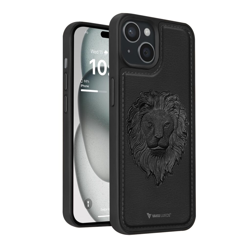 Vaku Luxos® Lion Embossed TPU Back Cover Case for iPhone 15 Plus Premium Leather Stitched Design Camera Screen Protector- Black