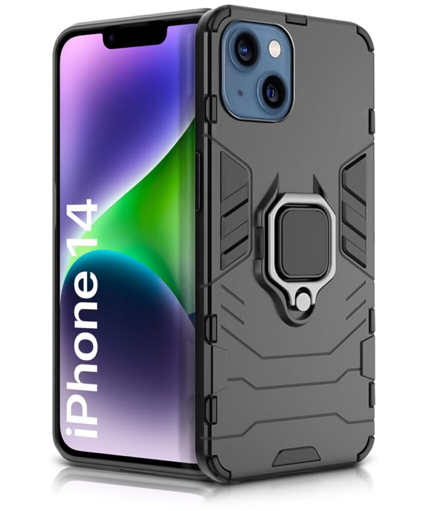 WOW IMAGINE Shock Proof Back Case Mobile Cover for Apple iPhone 14 | Back Cover Case (Tough Armor | Hybrid PC + TPU | Ring Holder & in-Built Kickstand | Black)