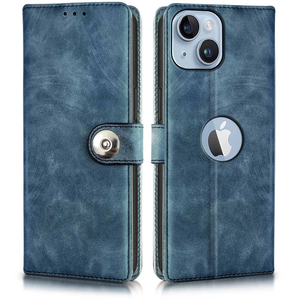 WOW IMAGINE Shock Proof Flip Cover Back Case for iPhone 14 Plus (Magnetic Button Flip Case | Wallet Pockets & Stand | Leather Finish | Aquamarine)