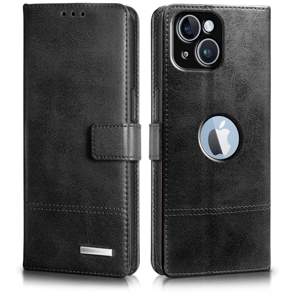 WOW IMAGINE Shock Proof Hand Stitched Royal Flip Cover Case for Apple iPhone 14 Plus (Flexible | Leather Finish | Wallet Case Card Holders & Stand | Tanned Black)