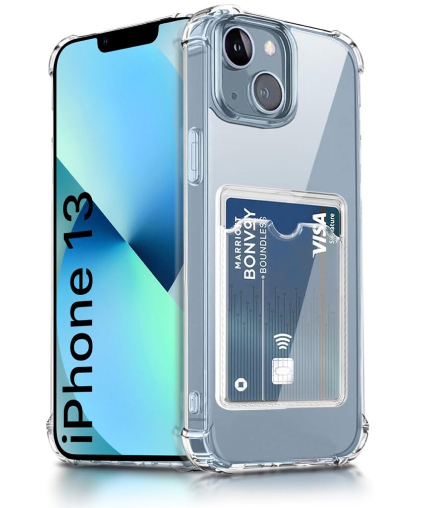 WOW IMAGINE Transparent Back Cover Case for iPhone 13 | Flexible Built-in Slim Card Pockets Wallet | 360° Camera Protection TPU | Soft Silicone Mobile Cover - Transparent