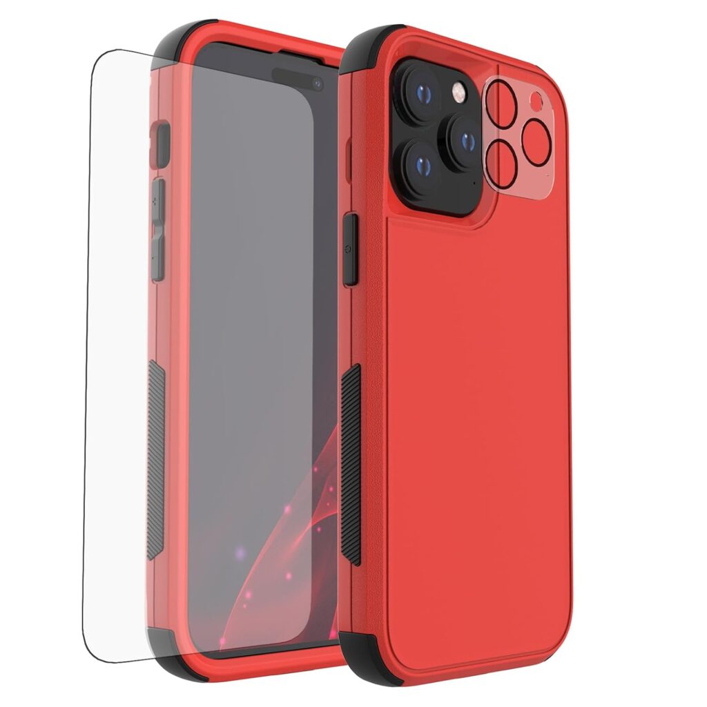 X-belmox Heavy Duty Case for iPhone 15 Pro Max 6.7 Inch 2023, [Non-Slip] Drop Proof Shockproof 3 in 1 Rugged Protection Phone Case for Apple iPhone 15 Pro Max 6.7" (Red/Black)