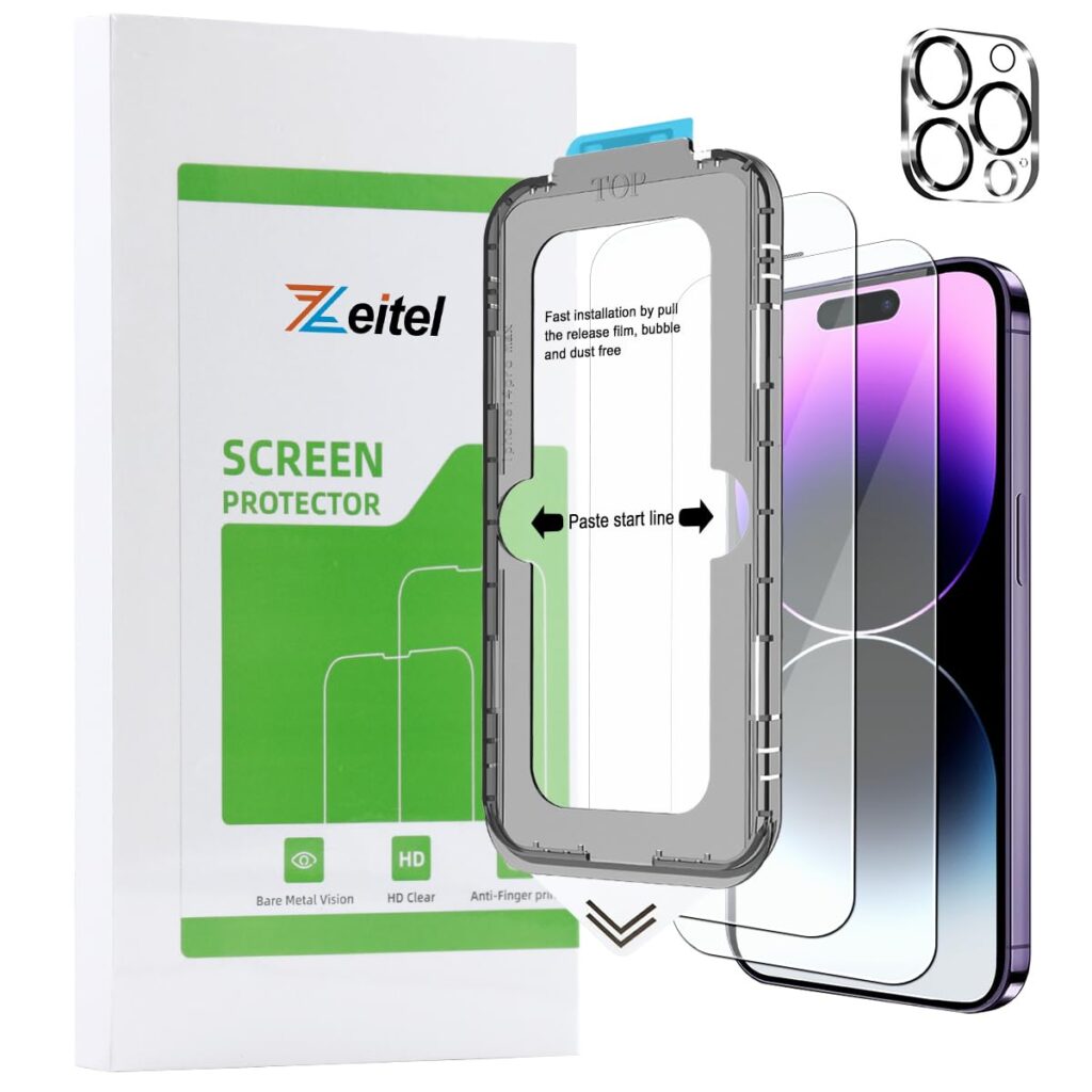 ZEITEL ® Tempered Glass Screen Protector for iPhone 14 Pro with Anti Fingerprint, Easy Installation Kit, HD Clarity, Full Coverage, 2 Pack Scratch Resistant Screen Protectors & 1 Lens Protector,