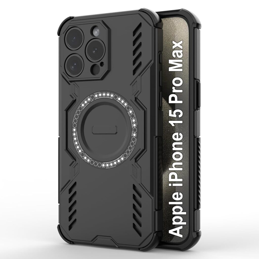 amazon basics Back Case Cover for iPhone 15 Pro Max | Magnetic Case with Built-in Metal Ring | Supports Mag-Safe Charger, Wallet & Car Mount | Shockproof Hybrid PC + TPU | Black