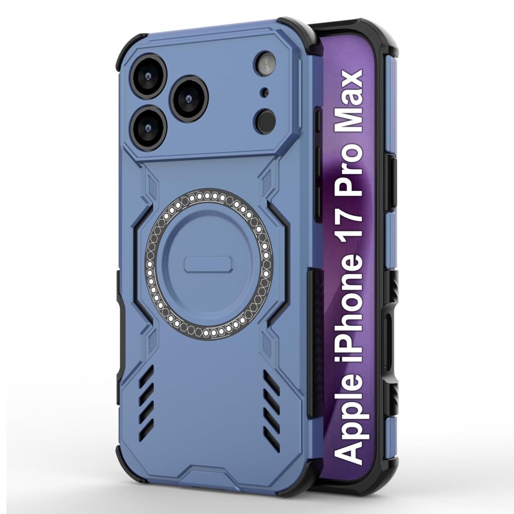 amazon basics Back Case Cover for iPhone 17 Pro Max | Magnetic Case with Built-in Metal Ring | Supports Mag-Safe Charger, Wallet & Car Mount | Shockproof Hybrid PC + TPU | Blue