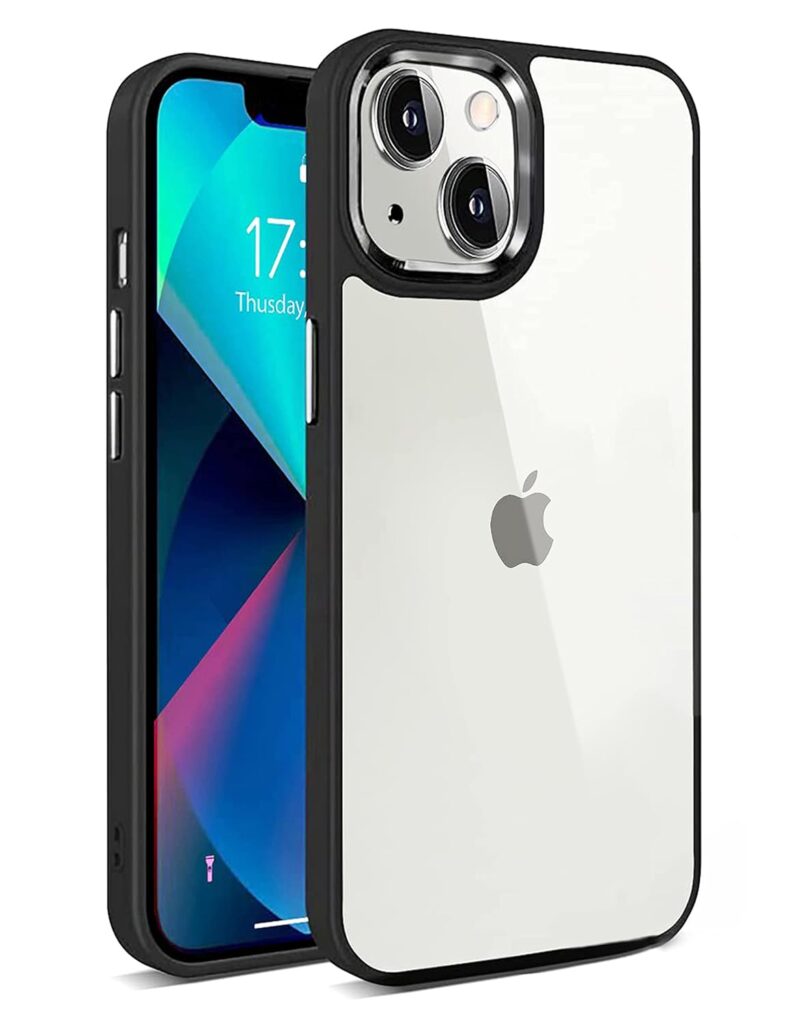 amazon basics Polycarbonate Back Case Cover For Iphone 14 Compatible For Iphone 14 Cover With Chrome Finish And Shockproof Bumper (Black)