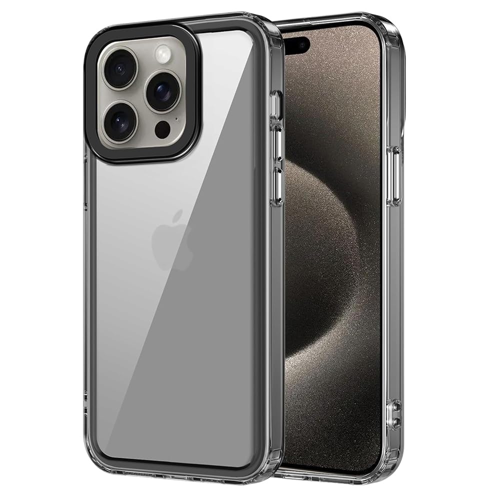 amazon basics Rugged Transparent Back Cover for Apple iPhone 15 Pro Max | PC + TPU Hybrid Case | Shockproof | Camera Protection | Slim & Durable for Apple iPhone 15 Pro Max (Smoky Black)