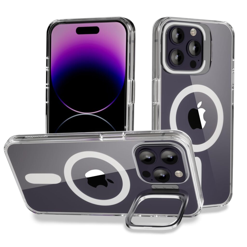 amazon basics iPhone 14 Pro Case, Compatible with MagSafe, Adjustable Camera Ring Stand, Scratch Resistant Back, Military-Grade Protection, TPU, Classic Magnetic Back Cover with Kickstand, Clear