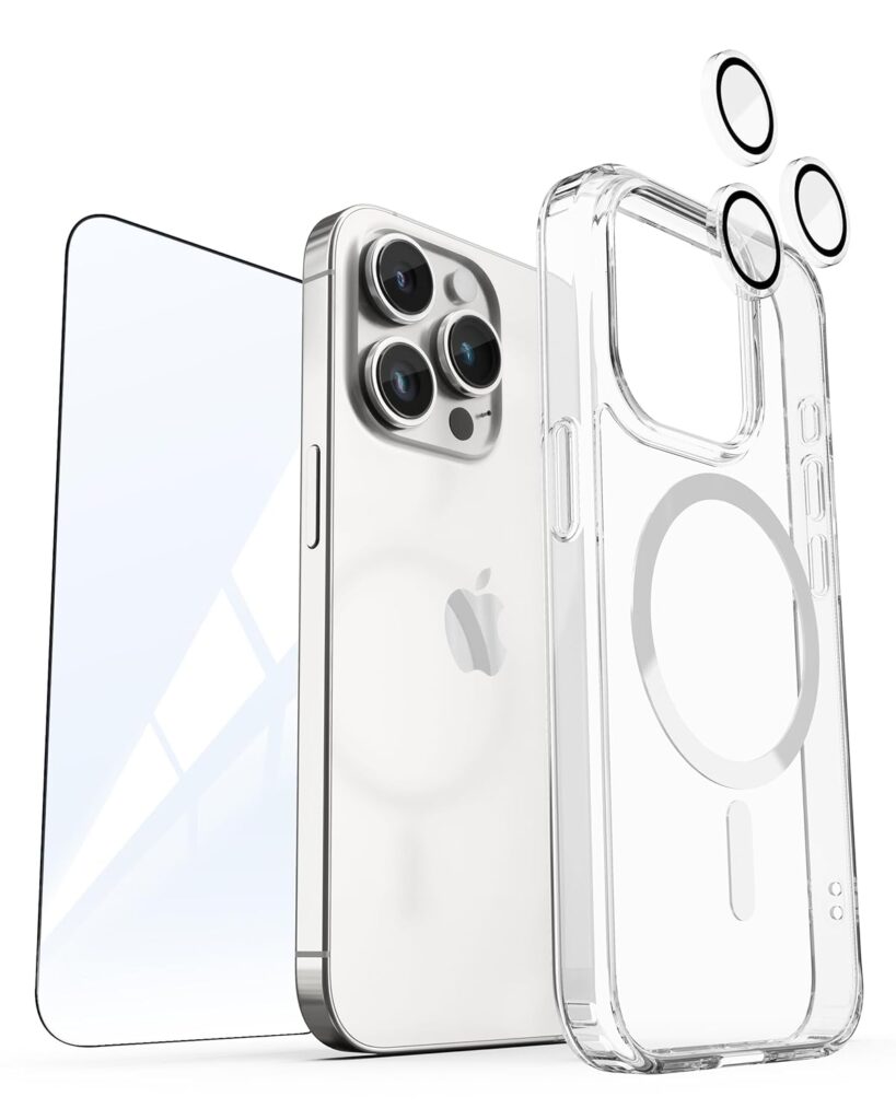 eller santé® 3in1 Value Combo Pack Glassy MagPro Silicone Mag-Safe Back Cover Case + 3D Tempered Glass + Camera Lens Protector Screen Guard for iPhone 15 Pro Max (Transparent)