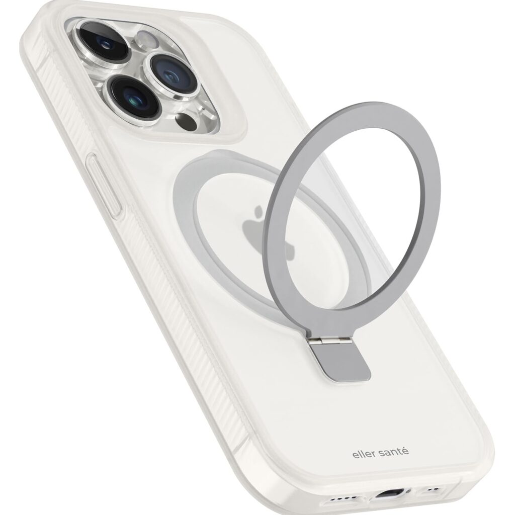 eller santé® Astros MagPro Back Cover Case for iPhone 15 pro with Magnetic Alloy Ring Metal Kickstand Scratch Resistant Slim Thin Military-Grade Protection Compatible with MagSafe - White