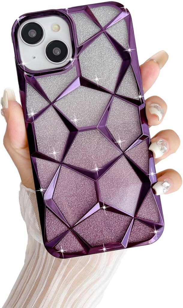 for iPhone 14 Plus Luxury Glitter 3D Cube Case Gradient Plating Bling Soft Shockproof Back Cover for iPhone 14 Plus (Purple)
