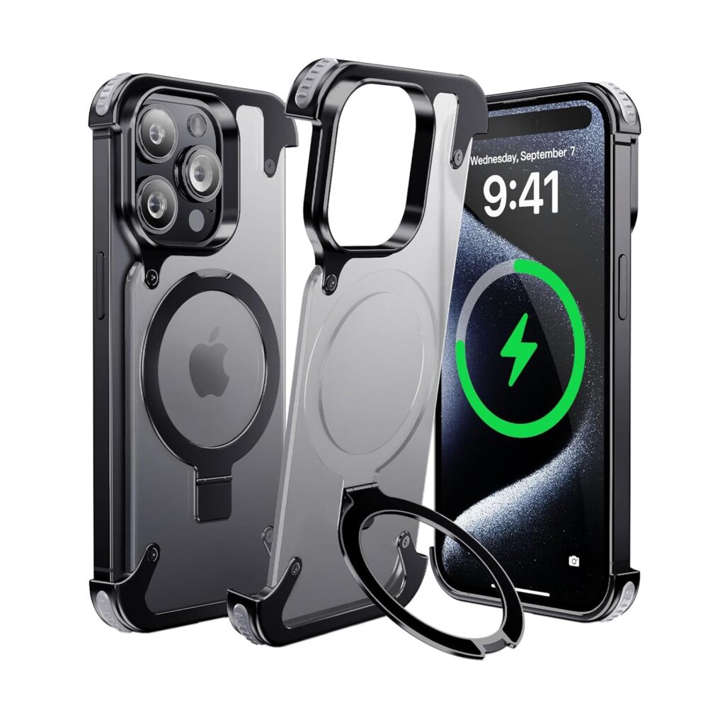 for iPhone 15 Pro Max Case, Translucent Magnetic Shockproof [Aerospace Grade Protection] Anti-Scratch Anti-Fingerprint Aluminum Shells with Built-in Kickstand Slim Case, Ultra-Sleek Phone Case