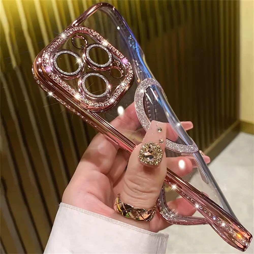 for iPhone 15 Pro Max Military Drop&Camera Lens Protection,Luxury Glitter Diamond Plated Bumper Clear Shockproof Back Cover for iPhone 15 Pro Max (Gold)